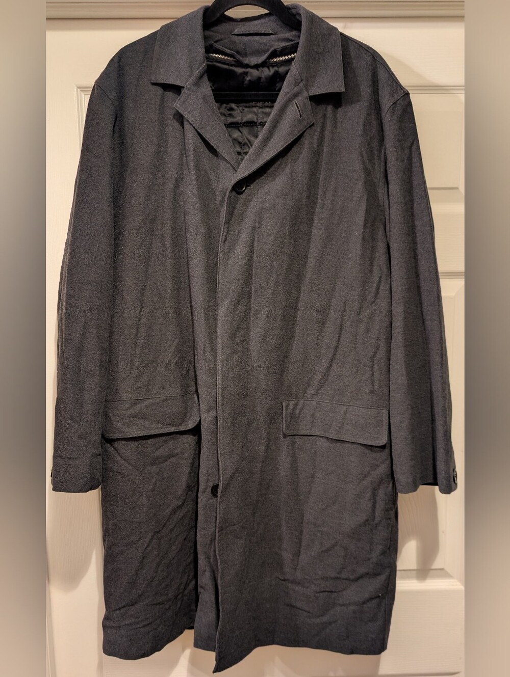 DKNY Mens Gray Wool Blend Overcoat Quilted Lining Flap Pockets Fits Like XL GUC